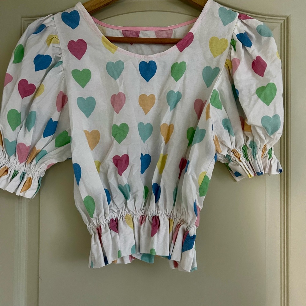 Colorful Heart Print Puff Sleeve Top